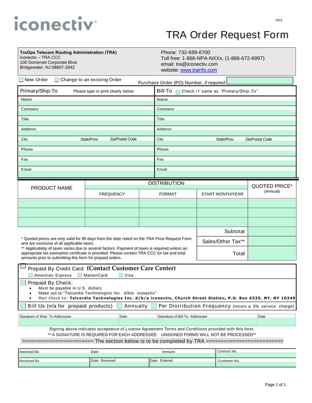 TRA Order Request Form screenshot