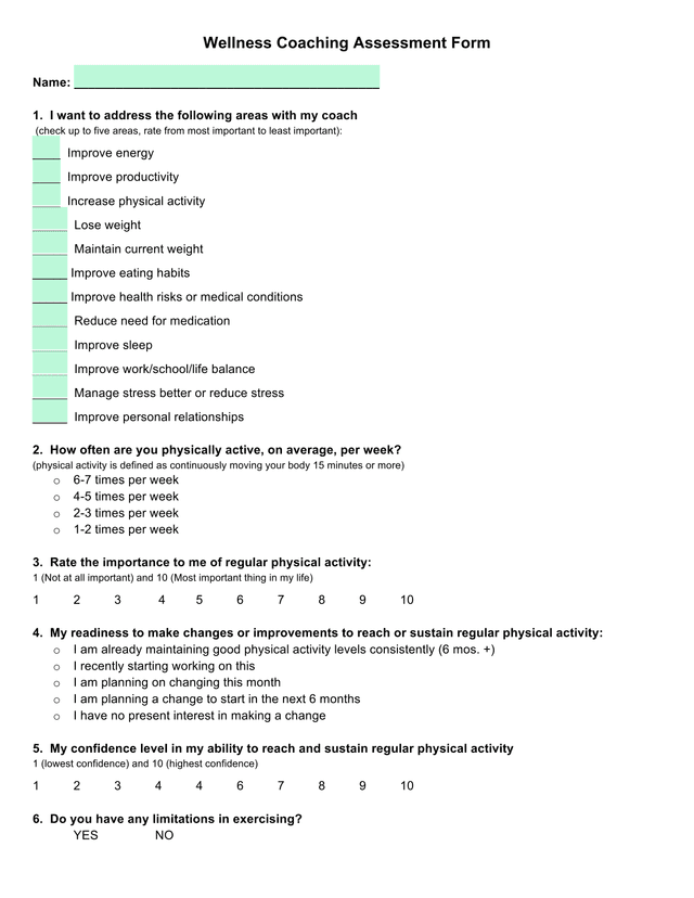 Wellness Coaching Assessment Form screenshot