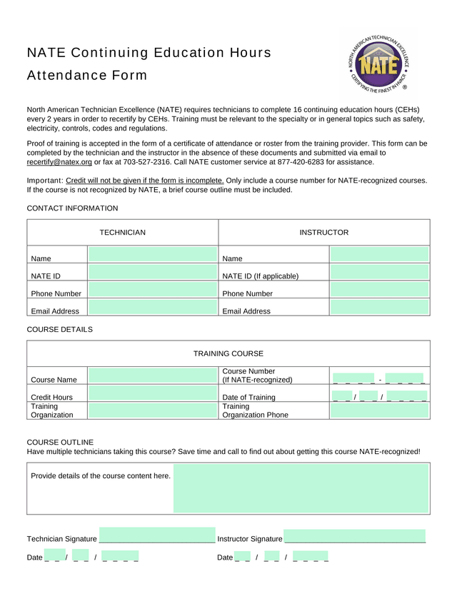 NATE Continuing Education Hours Attendance Form screenshot