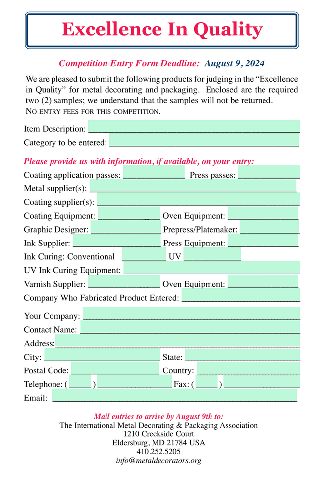 Excellence In Quality Competition Entry Form screenshot