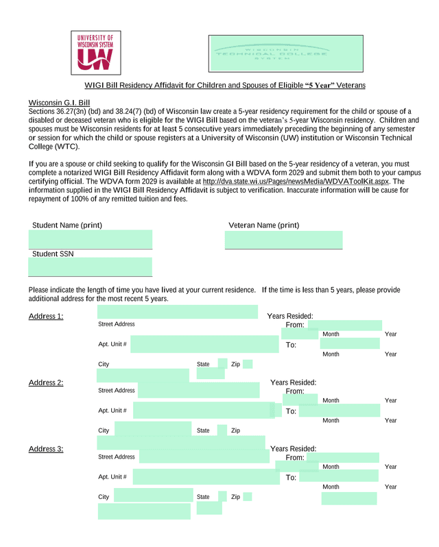 WIGI Bill Residency Affidavit For Children And Spouses Of Eligible 5 Year Veterans screenshot
