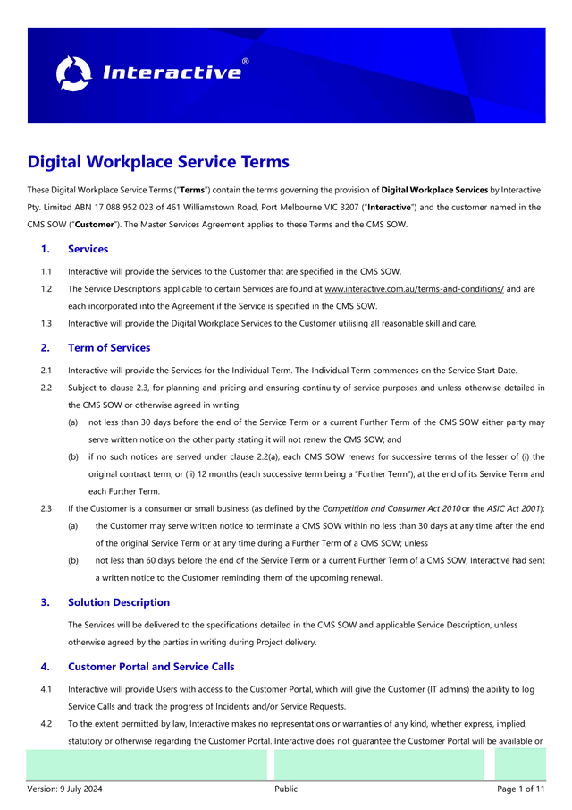 Digital Workplace Service Terms screenshot