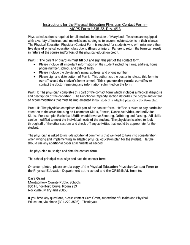 Physical Education Physician Contact Form  MCPS Form  345 22 screenshot