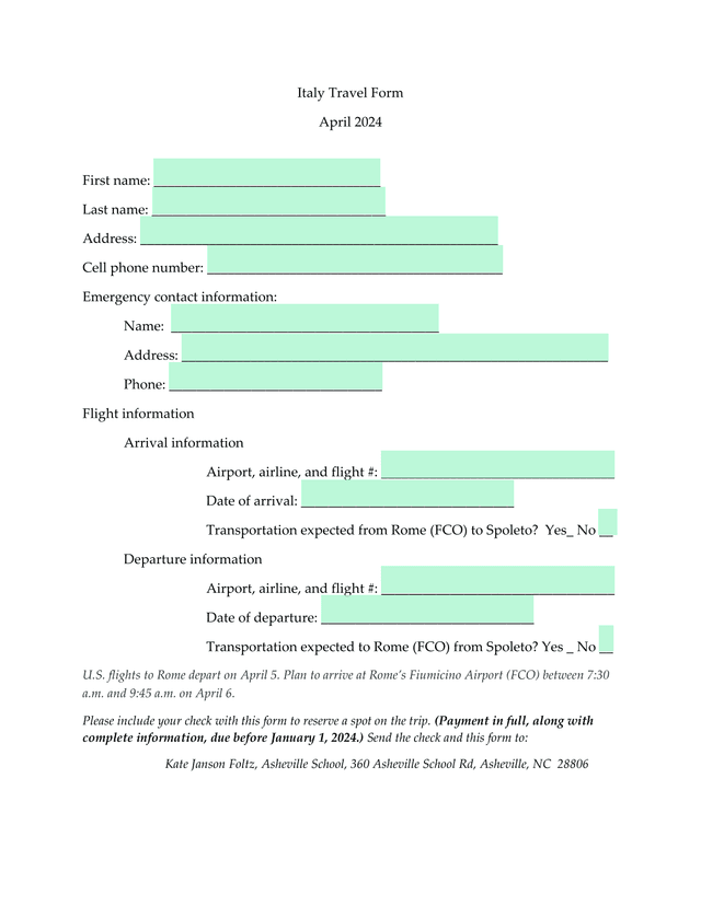 Italy Travel Form screenshot