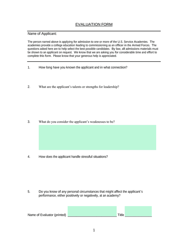 EVALUATION FORM screenshot