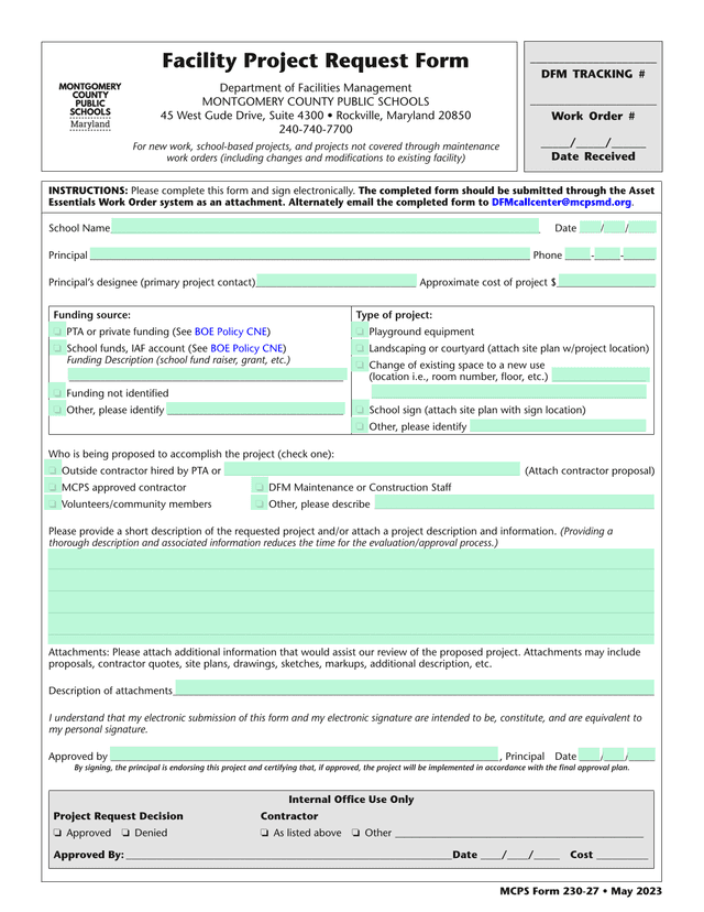 Facility Project Request Form screenshot