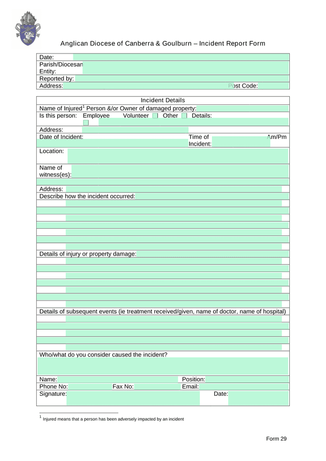 Anglican Diocese Of Canberra  Goulburn  Incident Report Form screenshot