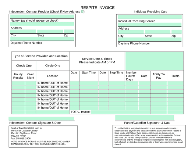 RESPITE INVOICE screenshot
