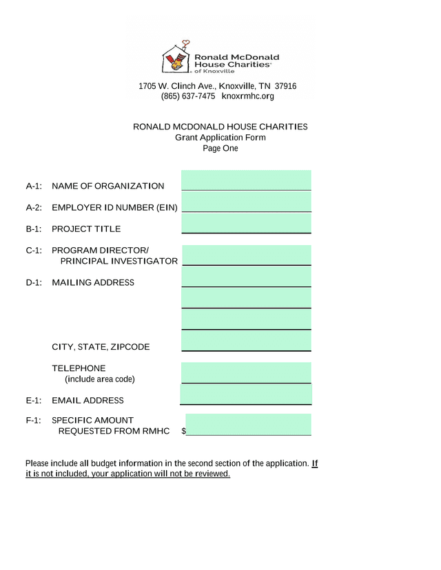 Ronald McDonald House Charities Grant Application Form screenshot