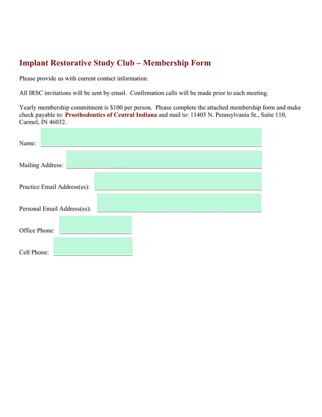 Implant Restorative Study Club  Membership Form screenshot