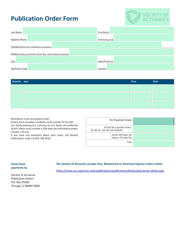 Publication Order Form screenshot