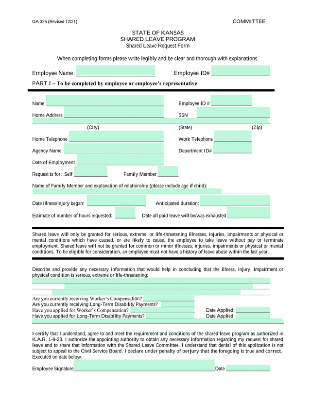 DA 325 Shared Leave Request Form screenshot