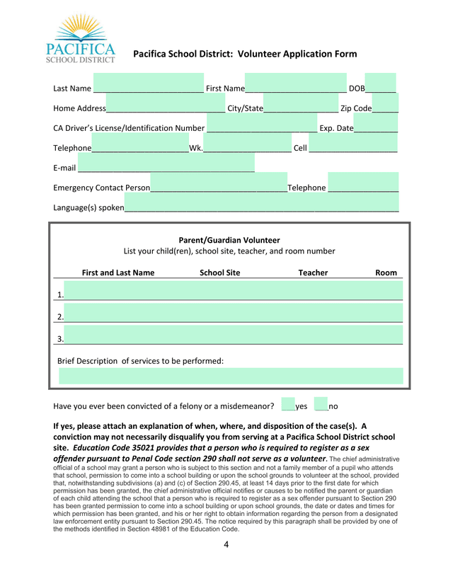 Pacifica School District Volunteer Application Form screenshot
