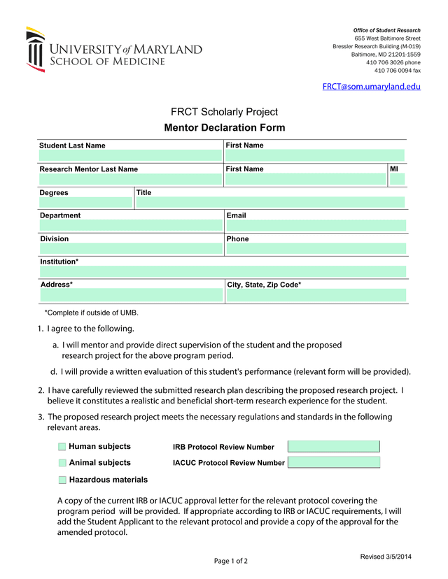 FRCT Mentor Declaration Form screenshot
