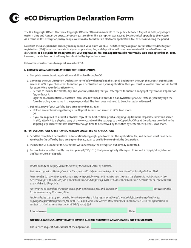 ECO Disruption Declaration Form screenshot
