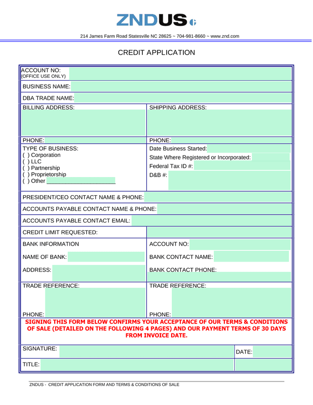 ZNDUS   CREDIT APPLICATION FORM AND TERMS  CONDITIONS OF SALE screenshot