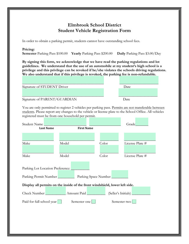 Student Vehicle Registration Form screenshot
