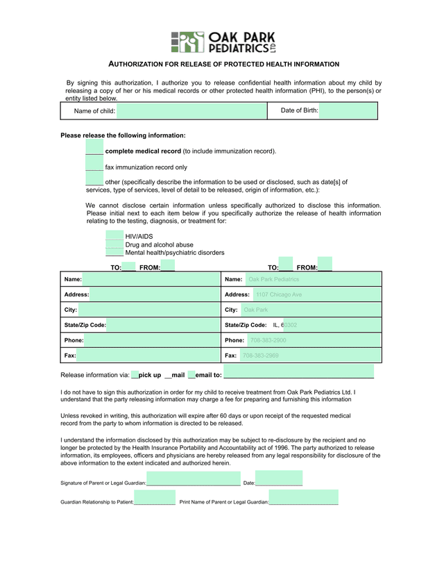 Authorization For Release Of Protected Health Information screenshot