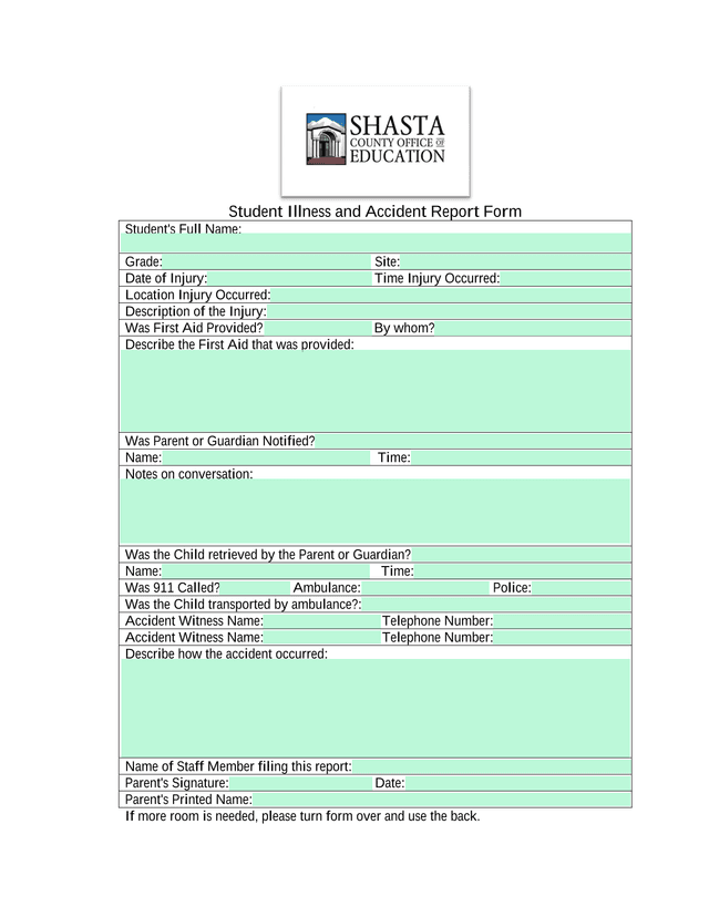 Student Illness And Accident Report Form screenshot