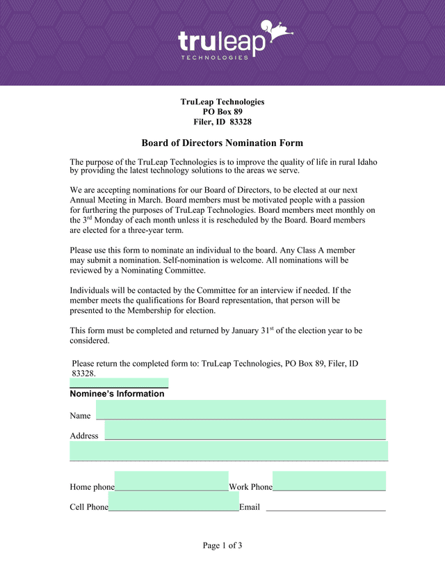 Board Of Directors Nomination Form screenshot