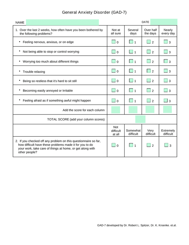 General Anxiety Disorder (GAD 7) screenshot
