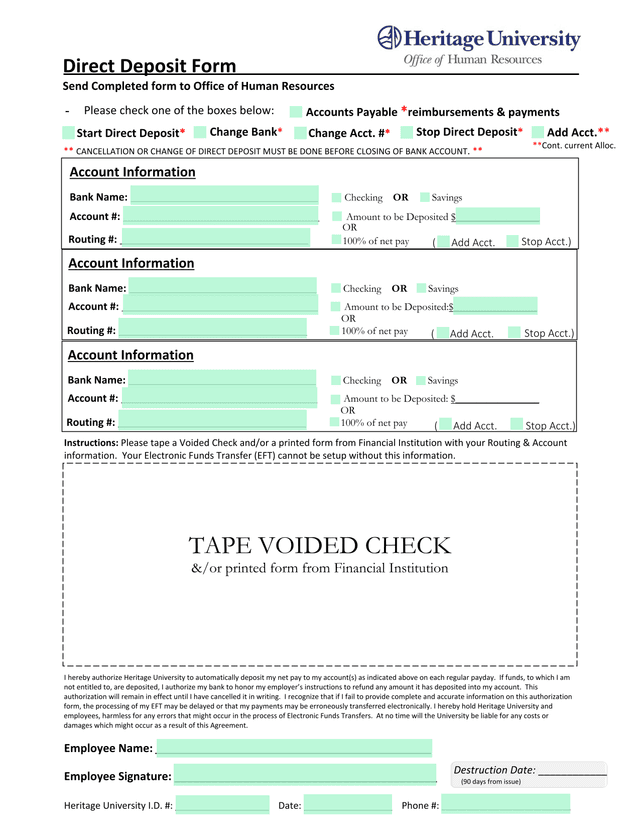 Direct Deposit Form screenshot