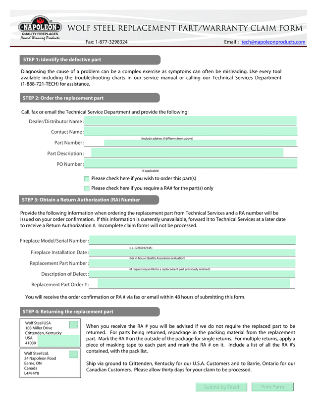 Wolf Steel Replacement PartWarranty Claim Form screenshot