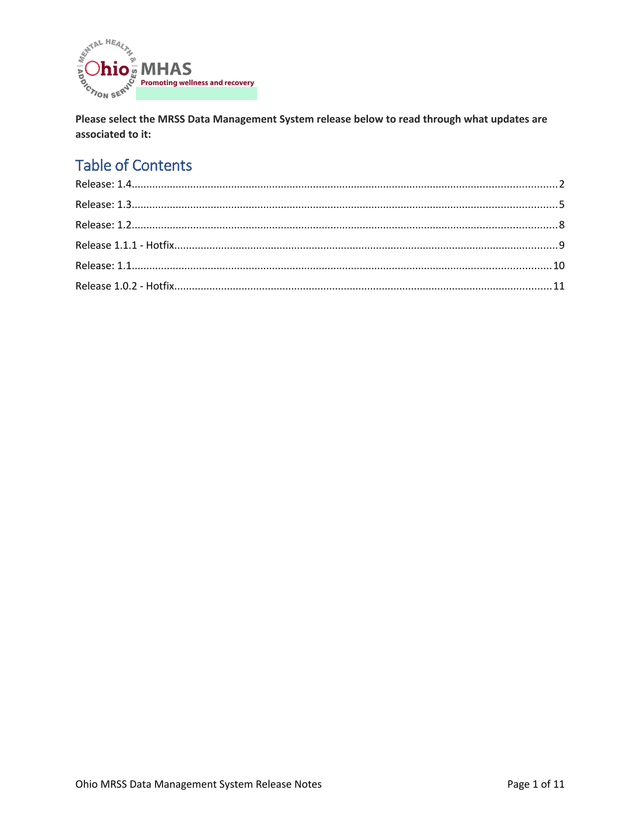 Ohio MRSS Data Management System Release Notes screenshot