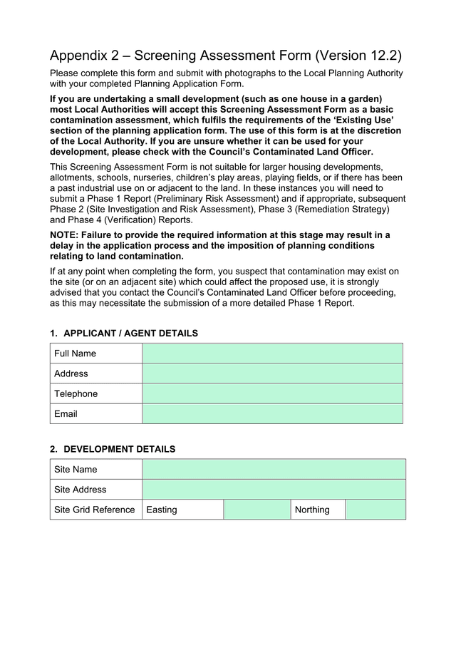Appendix 2  Screening Assessment Form screenshot