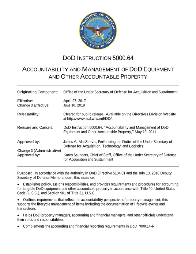 DOD INSTRUCTION 5000.64 ACCOUNTABILITY AND MANAGEMENT OF DOD EQUIPMENT AND OTHER ACCOUNTABLE PROPERT screenshot