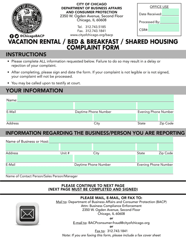 Vacation Rental  Bed  Breakfast  Shared Housing Complaint Form screenshot