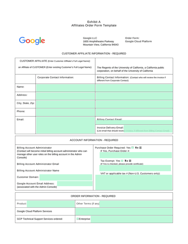 Exhibit A   Affiliates Order Form Template screenshot