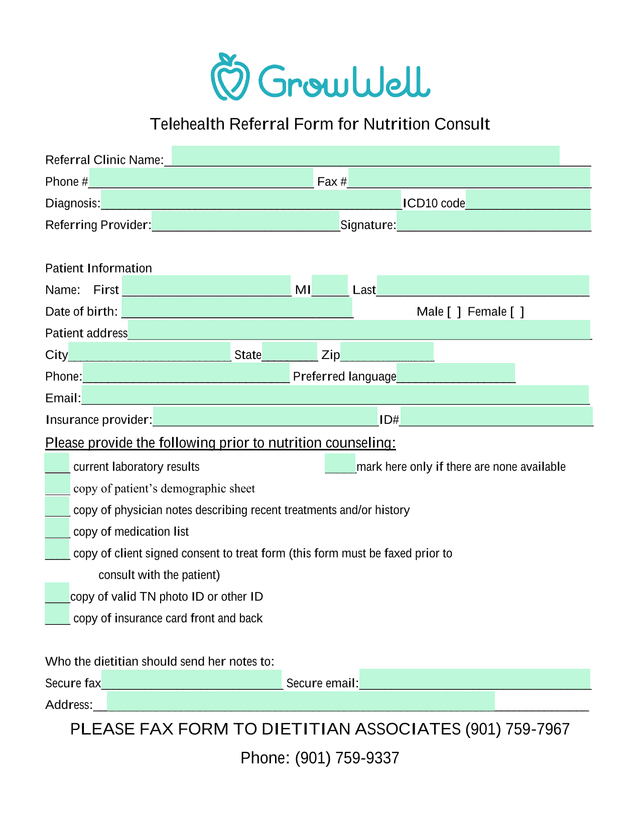 Telehealth Referral Form For Nutrition Consult screenshot