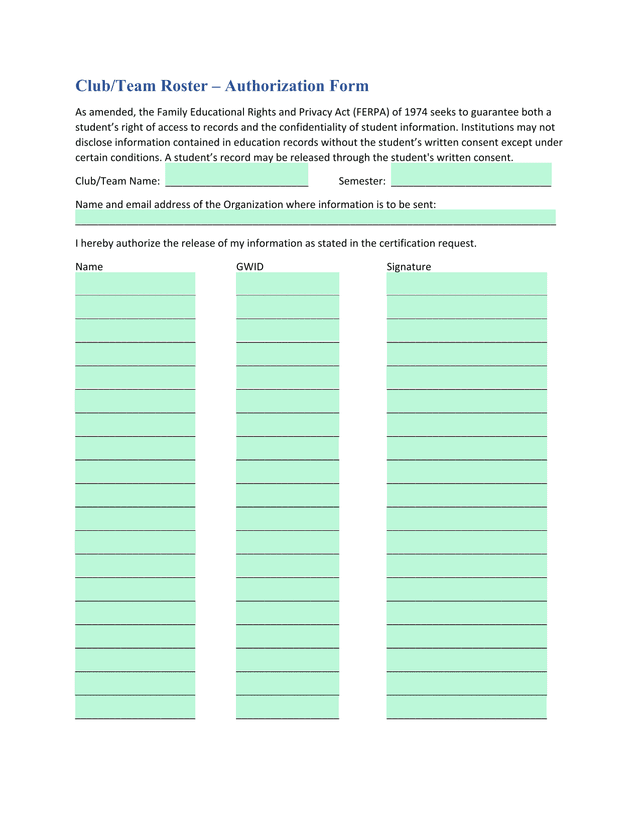 ClubTeam Roster  Authorization Form screenshot