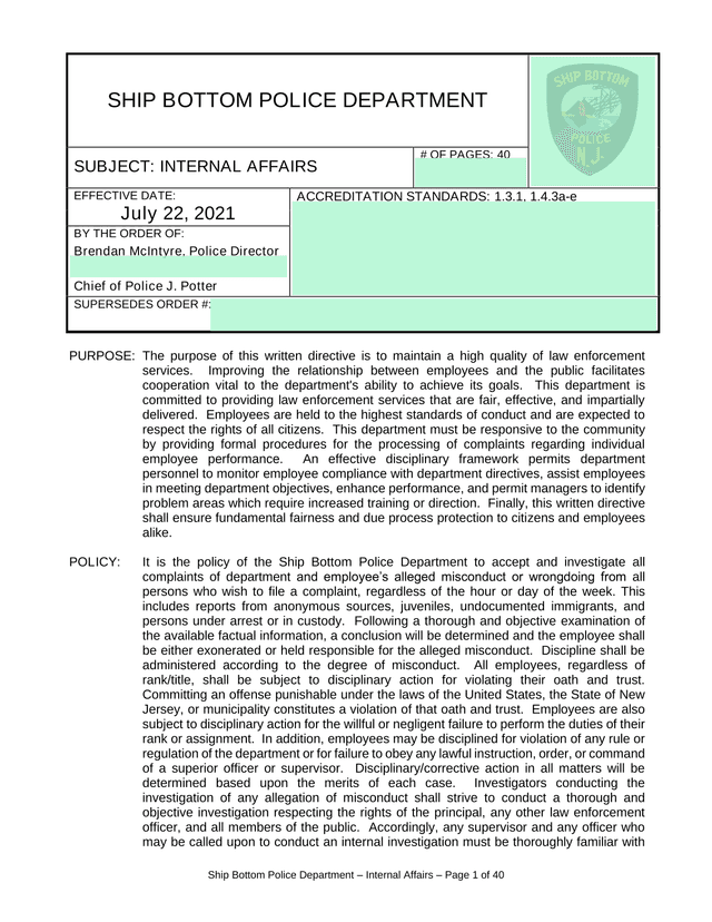 Ship Bottom Police Department Internal Affairs Directive screenshot