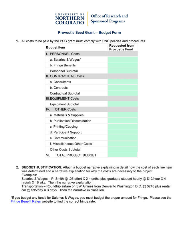 ProvostS Seed Grant  Budget Form screenshot