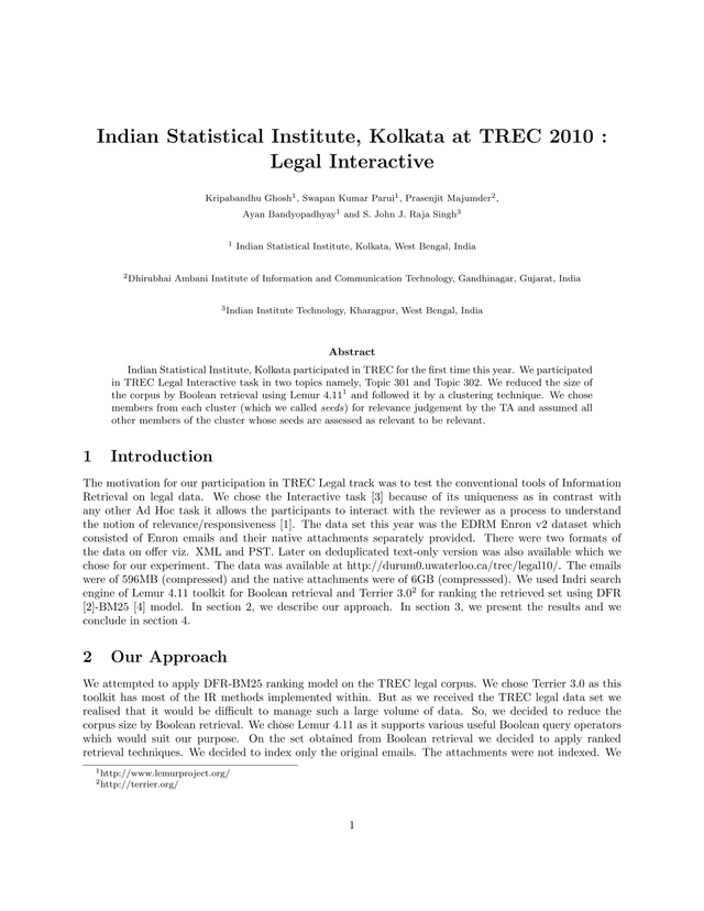 Indian Statistical Institute, Kolkata At TREC 2010 Legal Interactive screenshot