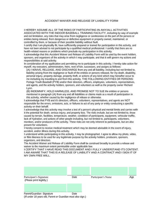 Accident Waiver And Release Of Liability Form screenshot