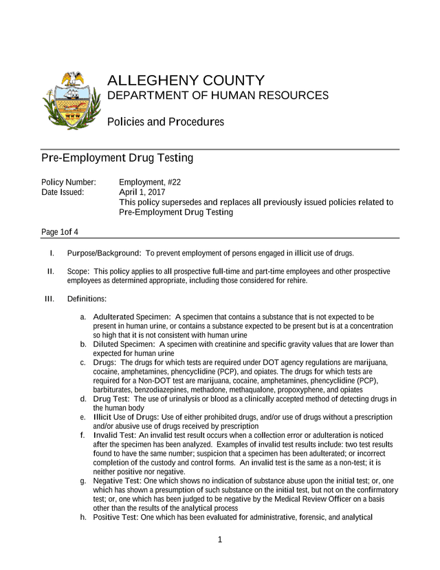 Pre Employment Drug Testing Policy screenshot