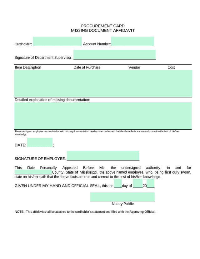 Procurement Card Missing Document Affidavit screenshot