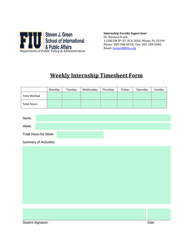 Weekly Internship Timesheet Form screenshot