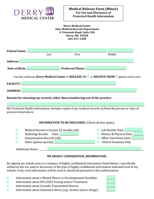 Medical Release Form (Minor) screenshot