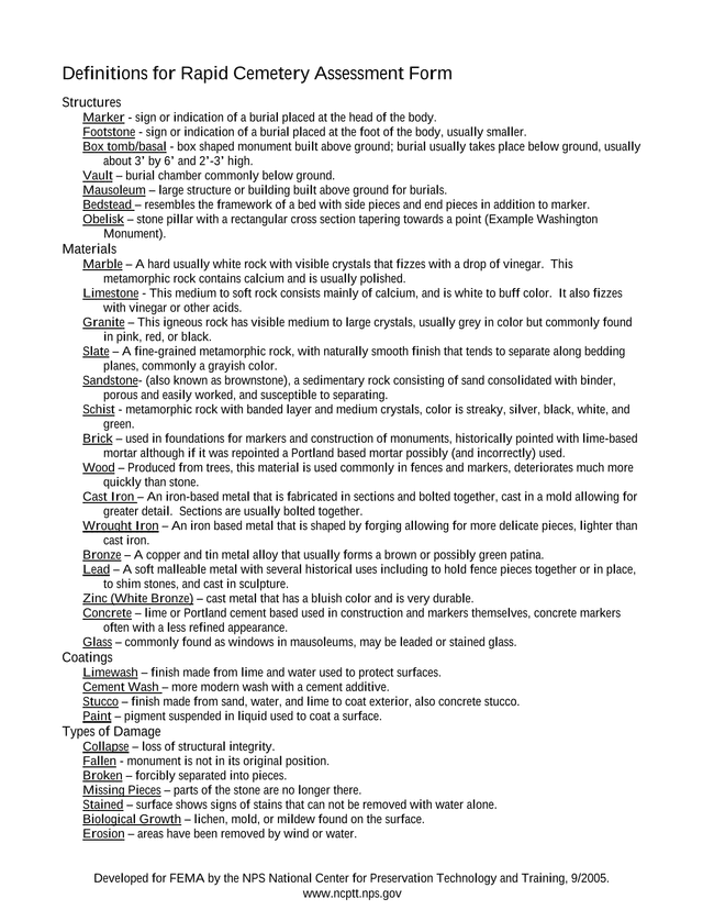 Definitions For Rapid Cemetery Assessment Form screenshot