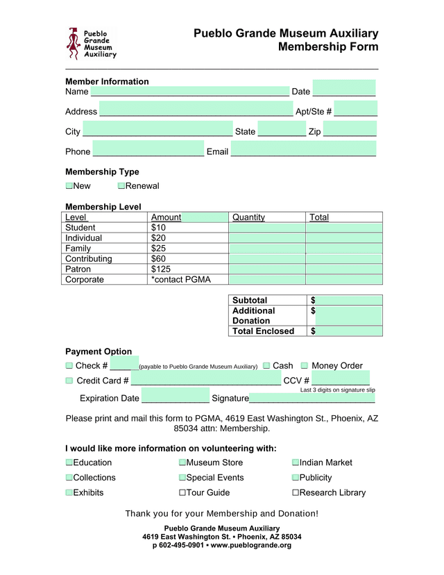 Pueblo Grande Museum Auxiliary Membership Form screenshot
