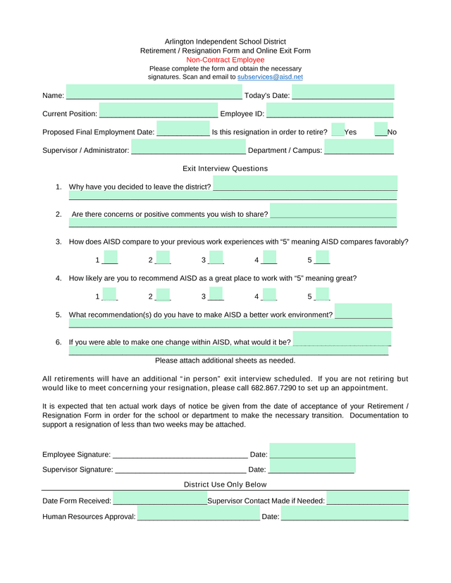 Arlington Independent School District Retirement  Resignation Form And Online Exit Form screenshot