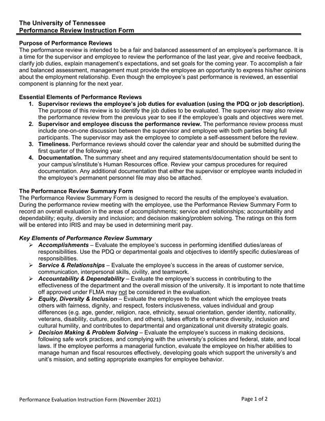 Performance Evaluation Instruction Form screenshot
