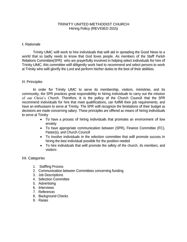 Trinity United Methodist Church Hiring Policy screenshot