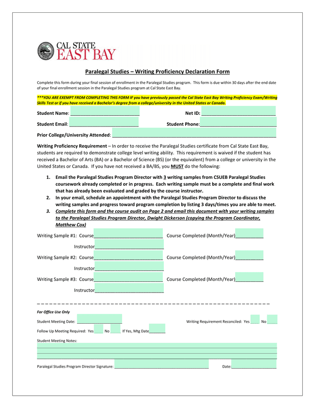 Paralegal Studies  Writing Proficiency Declaration Form screenshot