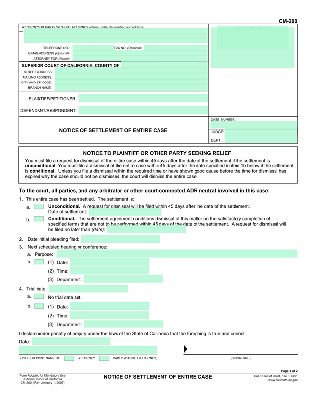 Notice Of Settlement Of Entire Case (CM 200) screenshot