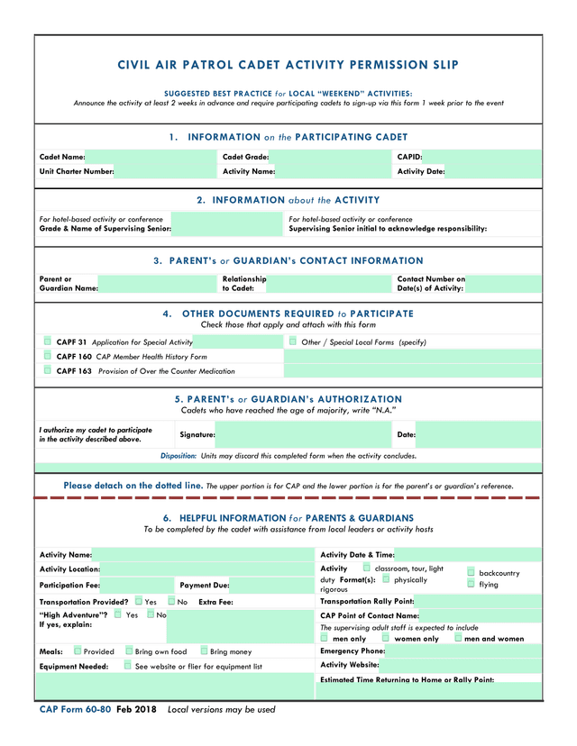 Civil Air Patrol Cadet Activity Permission Slip screenshot